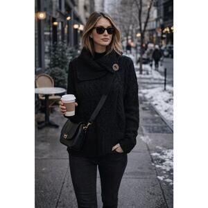 Irish Merino Wool Black Knit Sweater Sculptural Collar Winter Cozycore Sz M